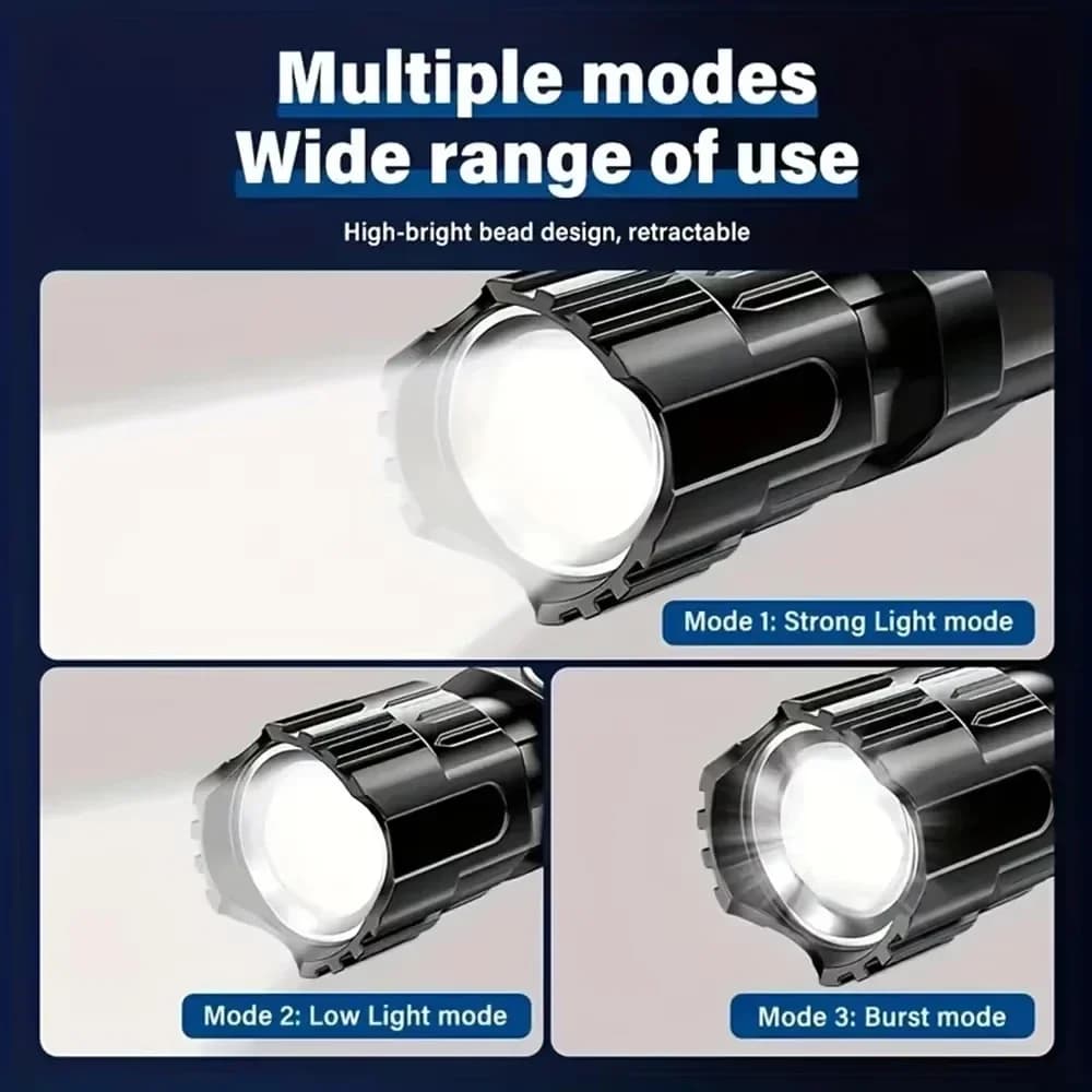 كشاف LED فائق السطوع، كشافات قابلة لإعادة الشحن عبر USB، مع زووم تكتيكي، كشاف قوي، كشاف تخييم وصيد في الهواء الطلق - 5