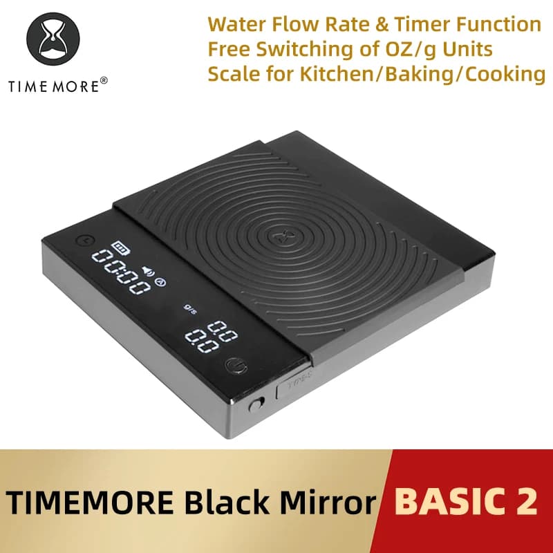 ميزان قهوة TIMEMORE Basic 2 مع مرآة سوداء، شاشة عرض معدل التدفق، مؤقت تلقائي، ميزان طعام رقمي للإسبريسو بدقة 0.1 جرام/2 كجم