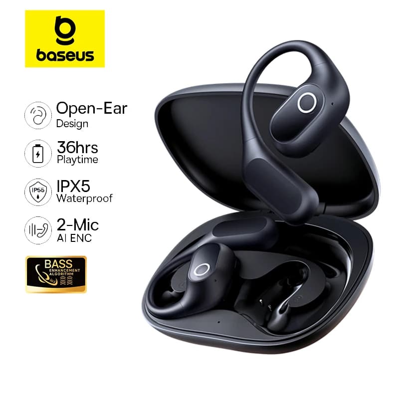 سماعات أذن Baseus Eli 2i Fit مفتوحة، لاسلكية حقيقية بتقنية Bluetooth 6.0، خطافات أذن، مقاومة للماء IPX5، سماعات أذن رياضية، تعزيز الجهير