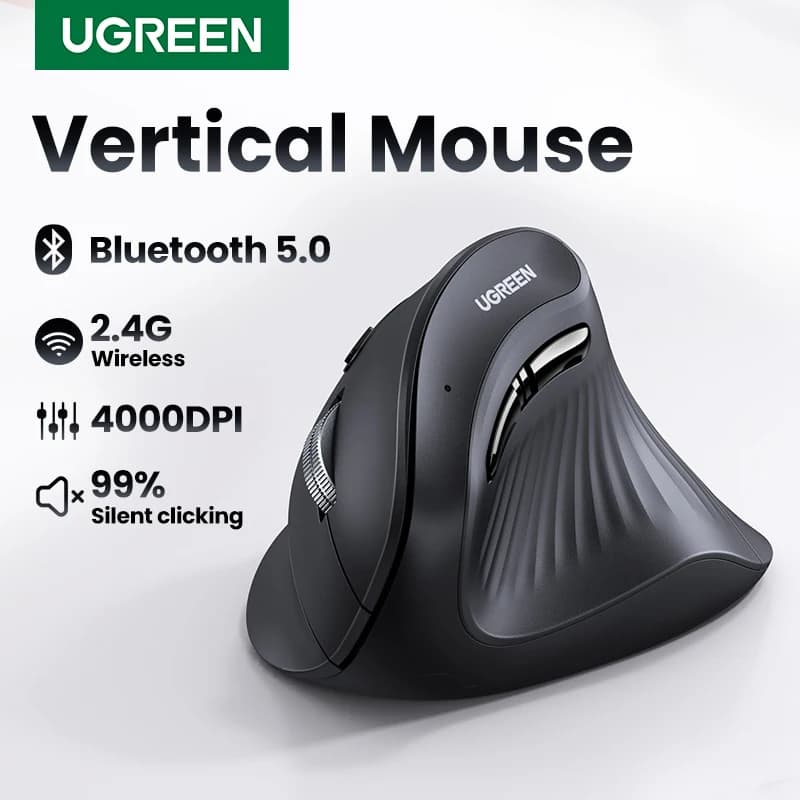 ماوس عمودي لاسلكي UGREEN بلوتوث 5.0 و2.4 جيجاهرتز مريح 4000 نقطة في البوصة 6 أزرار صامتة لماك بوك والكمبيوتر اللوحي والكمبيوتر المحمول والكمبيوتر الشخصي