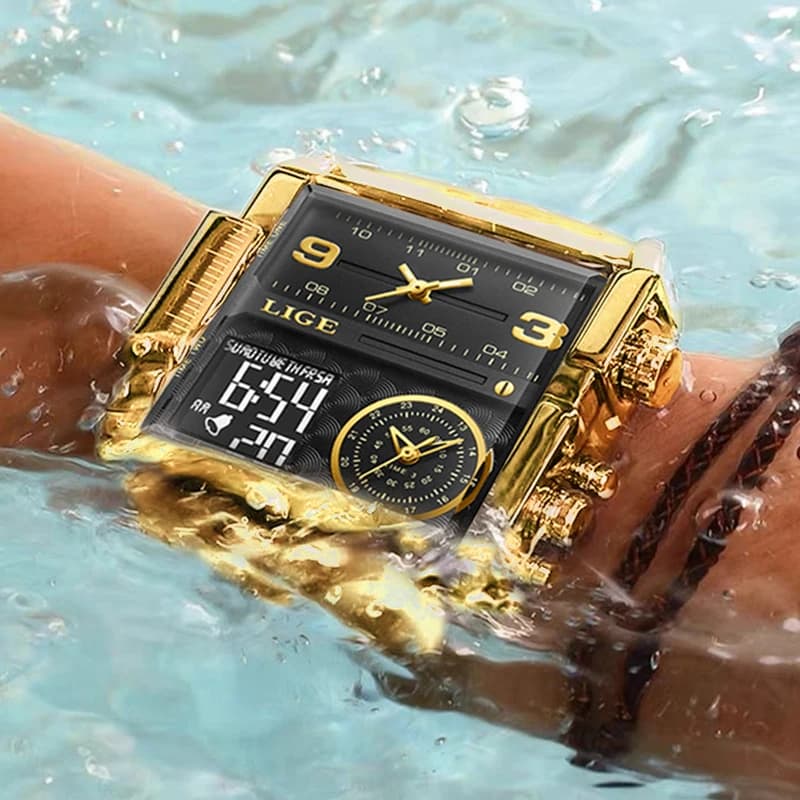 LIGE Top Brand Luxury Fashion Men Watches Gold Steel Sport Square Digital Analog Big Quartz Watch for Man Relogio Masculino+BOX - 5