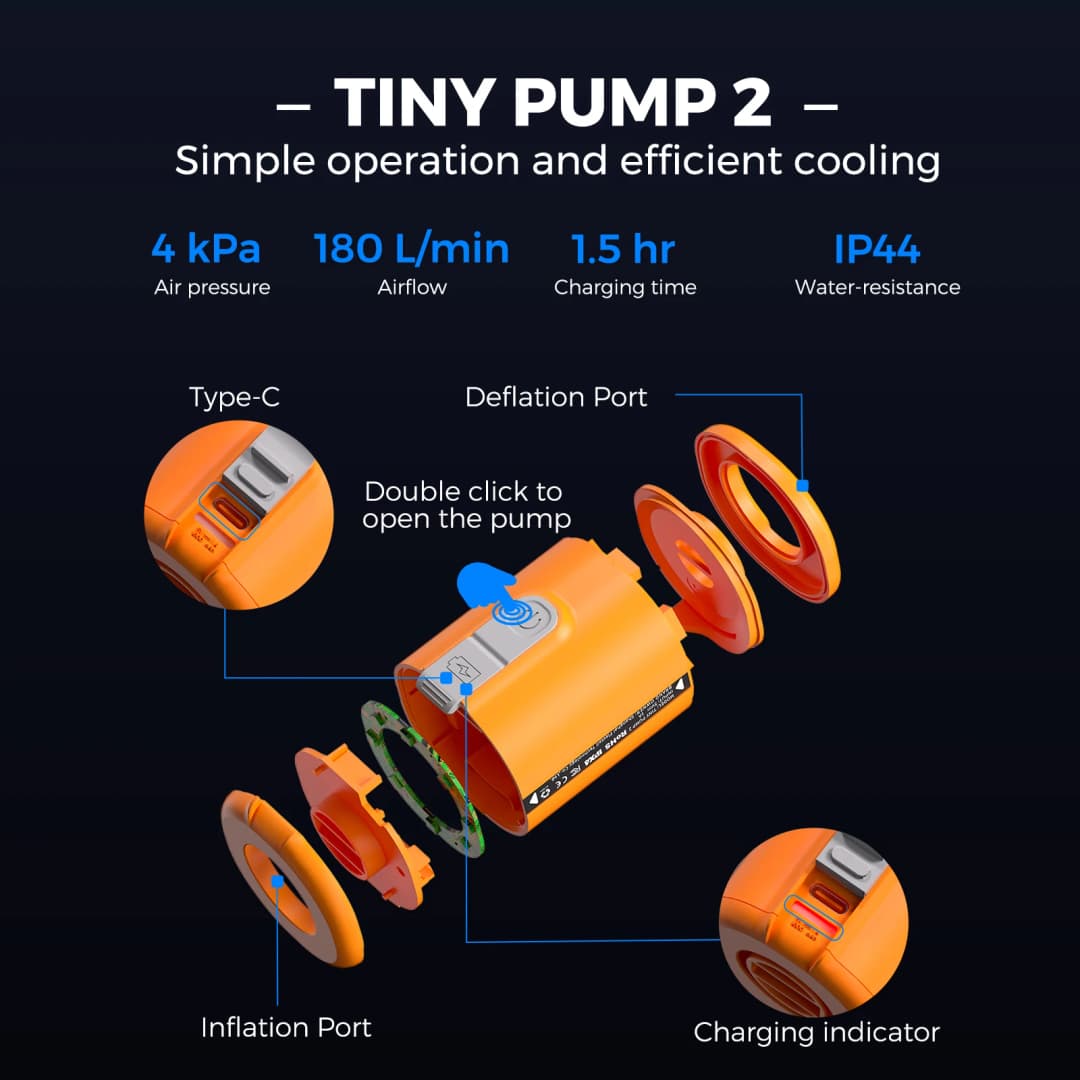 مضخة هواء كهربائية FLEXTAIL TINY PUMP 2/2X - 4kPa محمولة للتخييم لأسرة الهواء وألواح النوم وأكياس التفريغ - 2
