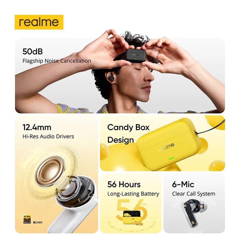 سماعات أذن realme Buds T500 Pro TWS مع إلغاء ضوضاء 50 ديسيبل وحتى 56 ساعة من التشغيل وبلوتوث 6.1 وIP55 ومشغل باس 12.4 ملم - 2