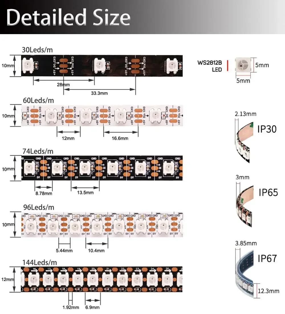 DC5V WS2812B Led Strip light 30/60/74/96/144leds/m Individually Addressable Smart 5050RGB WS2812 Pixels Led Light IP30/65/67 - 2