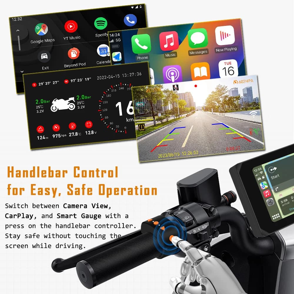 VSYS Carplay Android Auto Motorcycle Dash Cam 5.0'' Touchscreen with Dual 1080P Waterproof Cameras TPMS Parking Mode WiFi App - 3