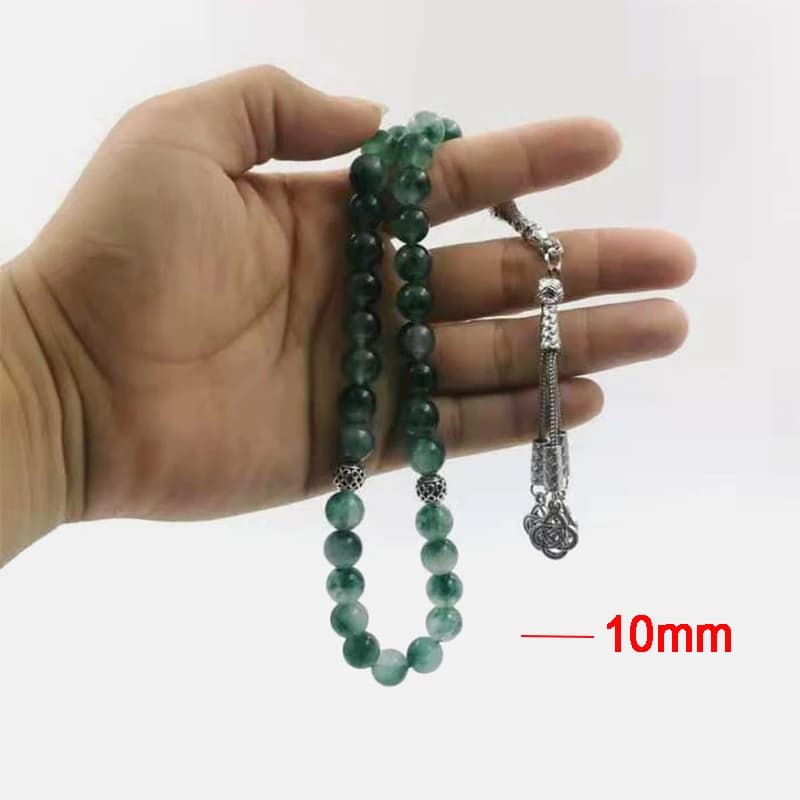 سبحة طبيعية من حجر اليشم الأخضر، إسورة مسبحة، هدية عيد إسلامية، حبات صلاة مسلمة، إكسسوار موضة تركي - 5