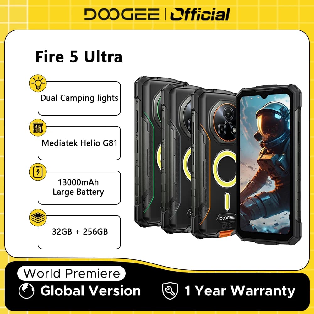 الإصدار العالمي DOOGEE Fire 5 هاتف متين للغاية 32 جيجابايت+256 جيجابايت بطارية 13000 مللي أمبير معالج Mediatek Helio G81 شاشة 6.6 بوصة كاميرا 48 ميجابكسل إضاءة تخييم