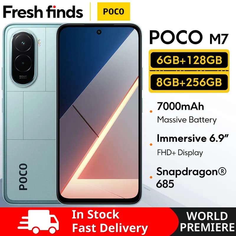 【عرض عالمي】 هاتف POCO M7 نسخة عالمية 128 جيجا بايت 256 جيجا بايت سناب دراجون 685 NFC بطارية 7000 مللي أمبير شاشة غامرة 6.9 بوصة FHD+