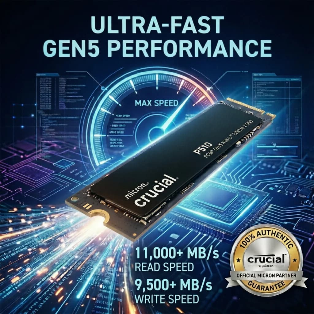 قرص صلب داخلي Crucial P510 SSD بسعة 1 تيرابايت PCIe 5.0 NVMe M.2 2280 Gen5 x4 بسرعة 11000 ميجابايت/ثانية لأجهزة الكمبيوتر المكتبية والمحمولة وأجهزة الألعاب الأصلية OEM