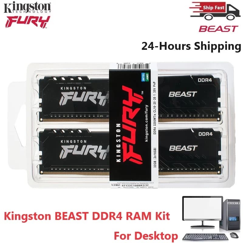 ذاكرة رام كينجستون BEAST DDR4 لسطح المكتب DIMM بسعة 16 جيجابايت (2x8 جيجابايت) و32 جيجابايت (2x16 جيجابايت) بتردد 2666 ميجاهرتز و3200 ميجاهرتز و288Pin لذاكرة سطح المكتب