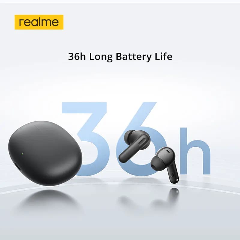 سماعات realme TechLife Buds TWS مع مشغل باس ديناميكي 12.4 ملم، بطارية تدوم حتى 36 ساعة، اتصال بجهازين، بلوتوث 5.4 - 5