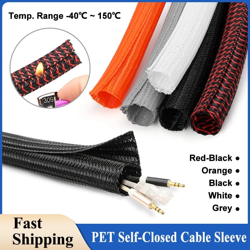 غطاء كابل مقسم 1/2/5/10 متر، 3-50 مم، PET مضفر معزول، منظم أسلاك USB، حماية أسلاك الطاقة