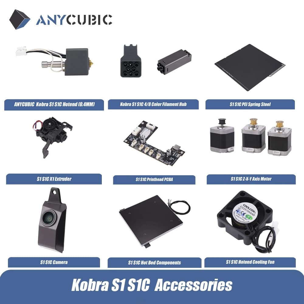 إكسسوارات ANYCUBIC Kobra S1 و Kobra S1 Combo - فوهة تسخين، طارد، 8 ألوان خيوط، محور PEI، فولاذ نابضي، وحدة كشف العودة
