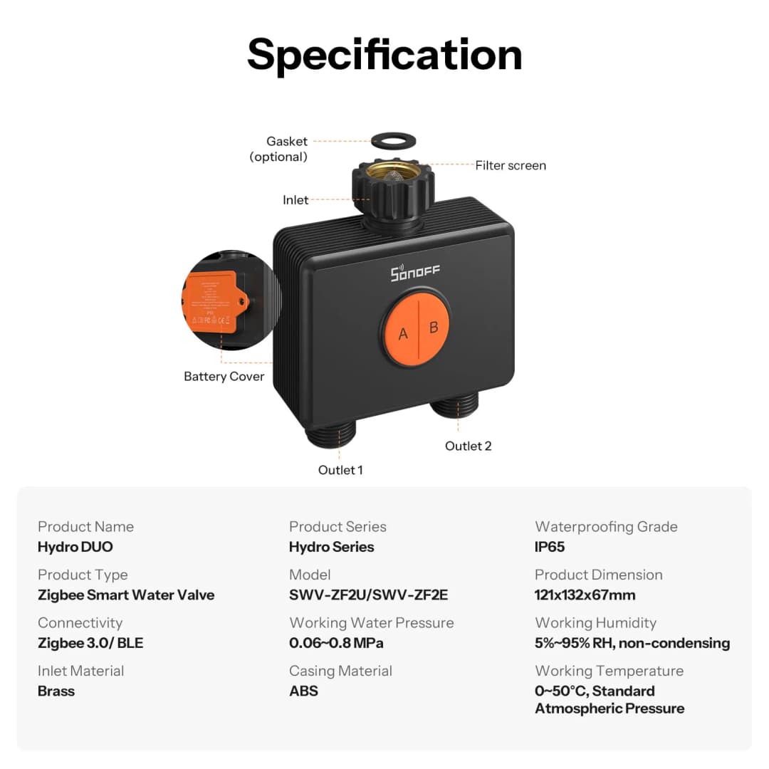 SONOFF Garden Watering Timers 2 Outlet Sprinkler Hydro DUO Dual-Channel Zigbee Smart Water Valve With Flow Meter SWV-ZF2E - 5