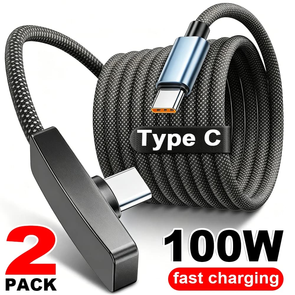 كابل USB Type C بزاوية 90 درجة شحن سريع 100 واط كابلات نقل بيانات سلك USB-C محمول بزاوية قائمة لهواتف آيفون وسامسونج وشاومي