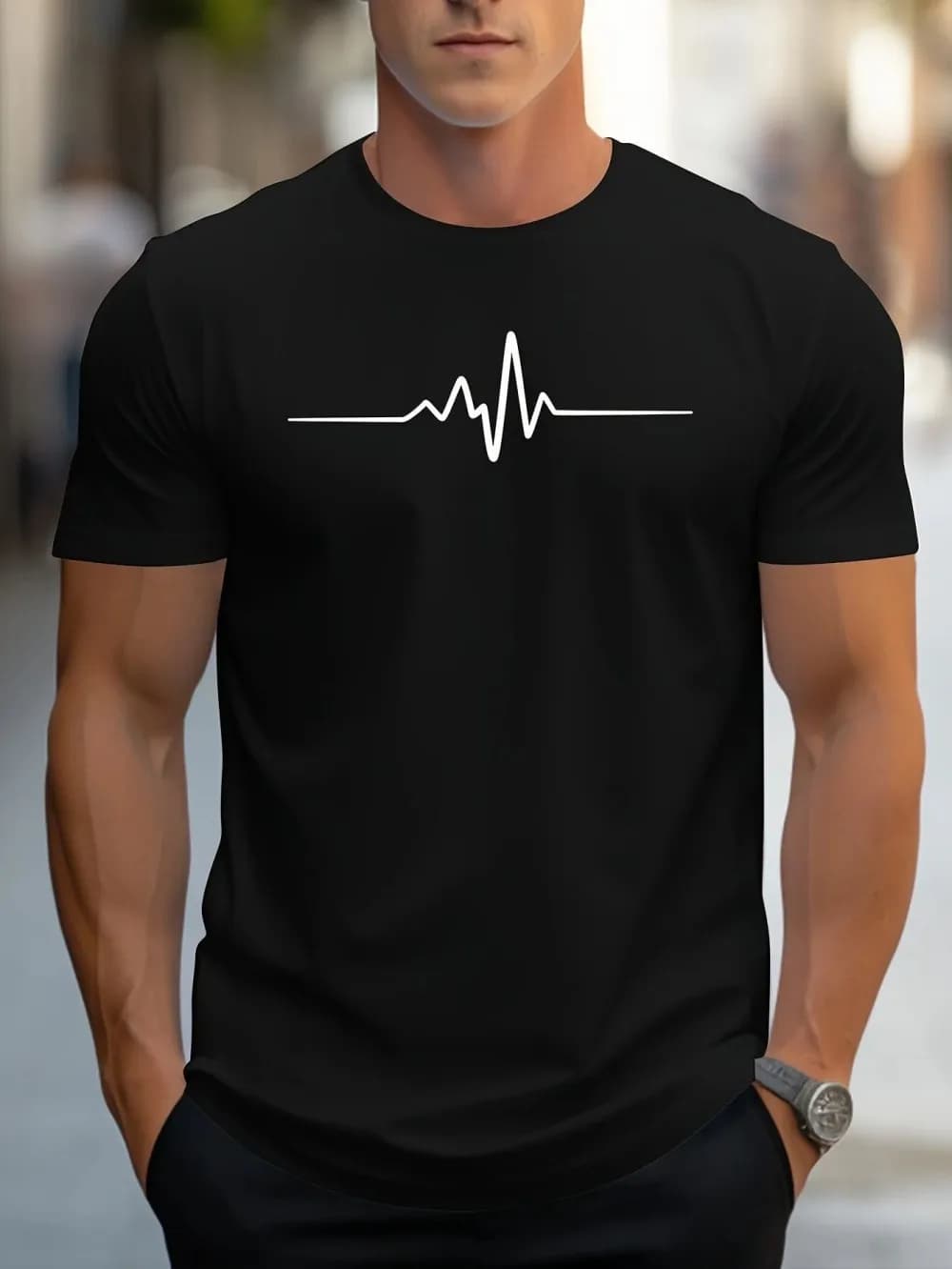 Fashionable men's summer electrocardiogram printed comfortable and breathable round neck T-shirt outdoor casual top - 2