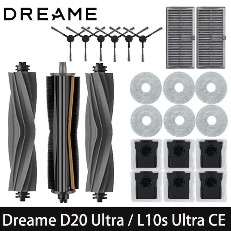 إكسسوارات مكنسة كهربائية روبوتية Dreame D20 Ultra / L10s Ultra CE، فرشاة جانبية رئيسية، قماش مسح، فلتر HEPA، كيس غبار، قطع غيار