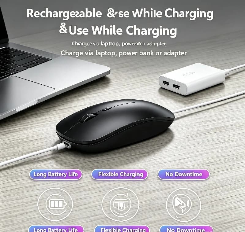 ماوس ألعاب لاسلكي مريح بإضاءة خلفية RGB متوافق مع USB قابل لإعادة الشحن صامت مع إضاءة خلفية للابتوب والكمبيوتر الشخصي - ميكروفون ألعاب صامت - 3