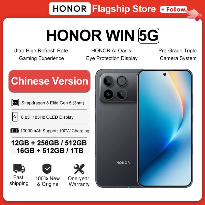 Chinese Version HONOR WIN Gaming Phone 6.83" 185Hz OLED Display Snapdragon 8 Elite Gen 5 10000mAh Battery Support 100W Charging