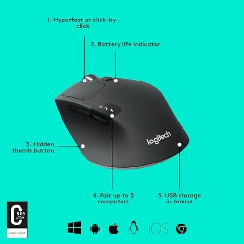 Logitech M720 Triathlon Multi-Device Wireless Mouse, Bluetooth, USB Unifying Receiver, 1000 DPI, 6 Programmable Buttons - 4