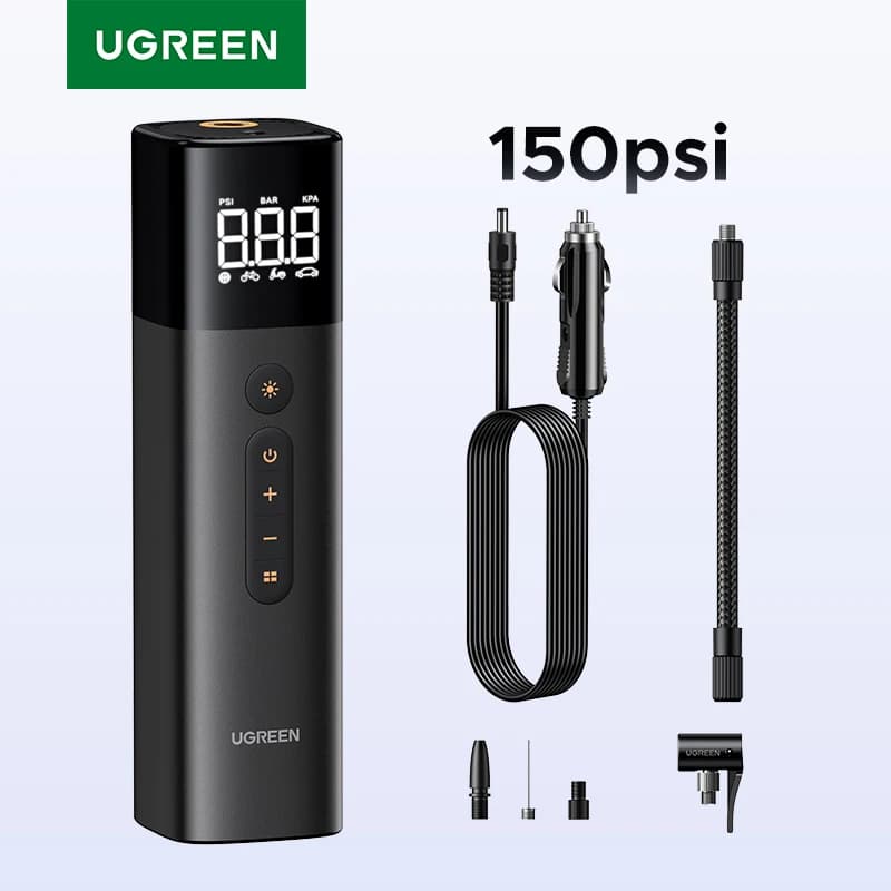 مضخة هواء UGREEN للسيارة ضاغط هواء محمول للسيارات والدراجات النارية والدراجات الهوائية منفاخ إطارات كهربائي مع شاشة LCD رقمية