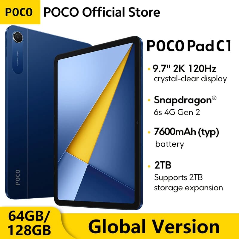 جهاز لوحي POCO Pad C1 إصدار عالمي 9.7 بوصة، شاشة 2K بمعدل تحديث 120 هرتز، كاميرا 8 ميجابكسل، بطارية 7600 مللي أمبير، واي فاي، منصة Snapdragon® 6s 4G Gen 2