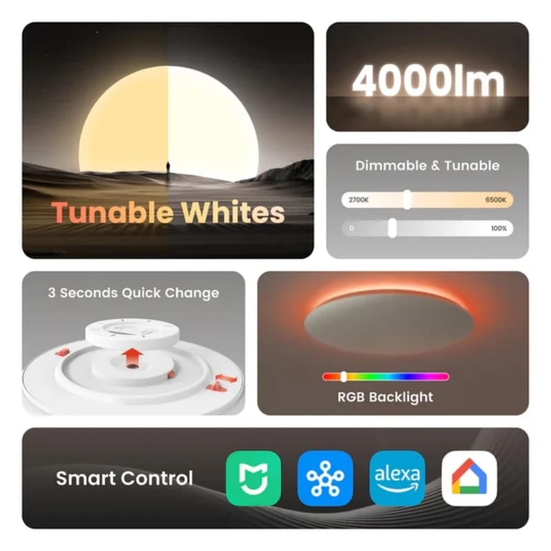 يي لايت اروين ضوء سقف 450C/550C واي فاي ألوان ار جي بي إضاءة خلفية 6500K مساعد صوتي لمي هوم جوجل اليكسا تطبيق سمارت ثينجز - 2