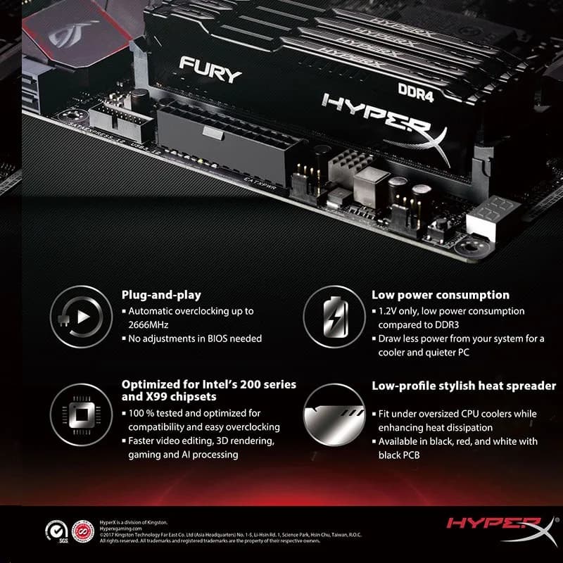 HyperX Fury ذاكرة رام DDR3 DDR4 بسعة 4 جيجابايت و8 جيجابايت و16 جيجابايت بترددات 1333MHZ و1600MHZ و1866MHZ و2400MHZ و2666MHz و3200MHz DIMM PC3-12800 PC4-25600 DDR4 - 6