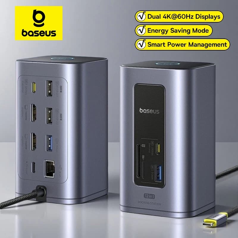 محول Baseus 12 في 1 USB C HUB إلى HDMI 4K@60Hz شاشة مزدوجة محول USB 3.2 مع RJ45 SD TF PD محطة إرساء 100W لجهاز Window Mac Hub