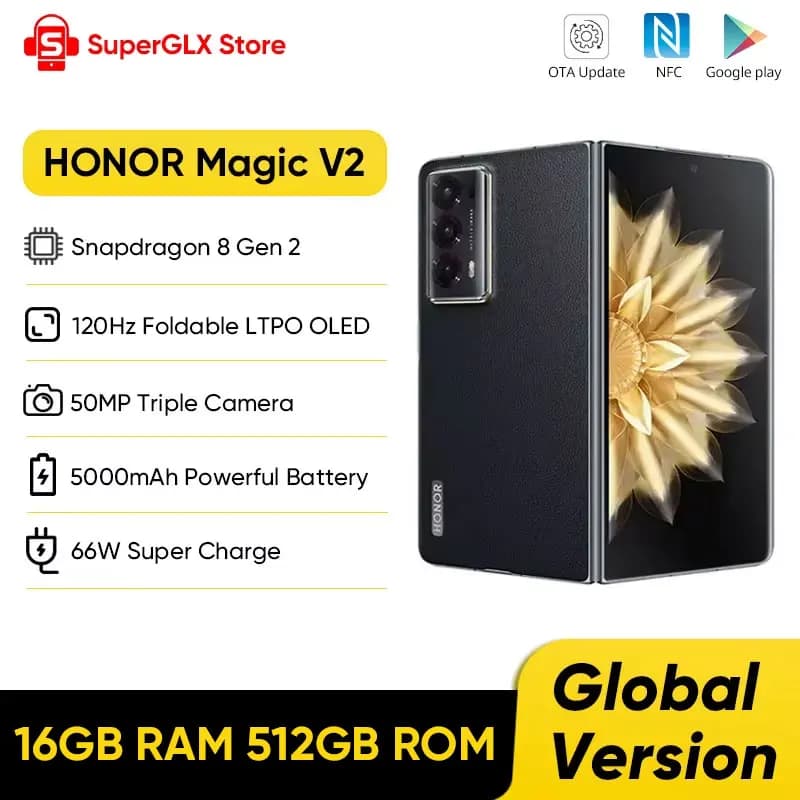 الإصدار العالمي هونر ماجيك V2 5G قابل للطي LTPO OLED شاشة 120 هرتز 7.92 بوصة كاميرات خلفية 50 ميجابكسل سنابدراجون 8 جين 2 بطارية 5000 مللي أمبير 66 واط NFC