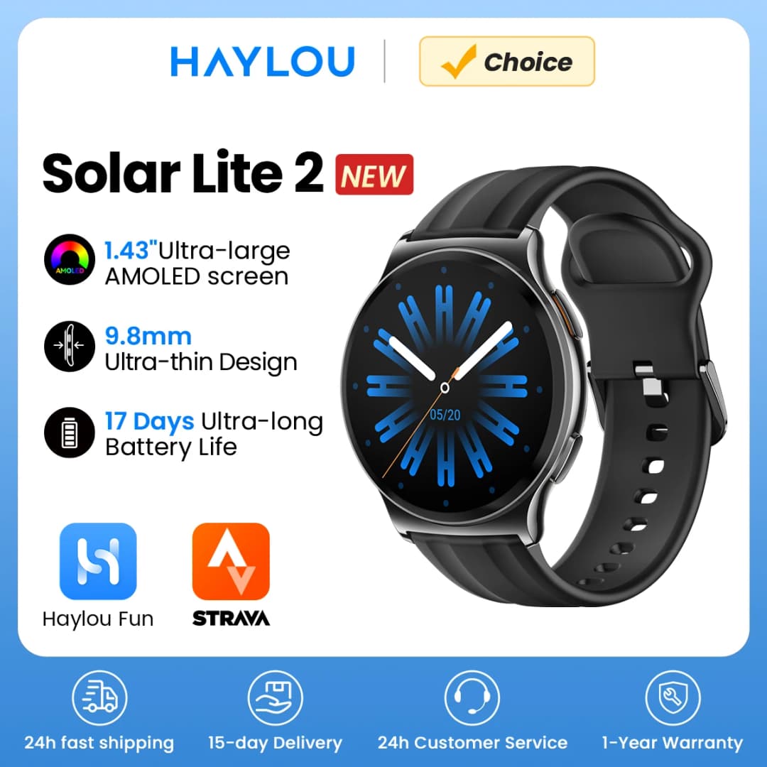 ساعة HAYLOU Solar Lite 2 الذكية بشاشة AMOLED مقاس 1.43 بوصة ومراقبة صحية على مدار 24 ساعة وأكثر من 150 وضعًا رياضيًا ومكالمات صوتية ومقاومة للماء حتى 1ATM