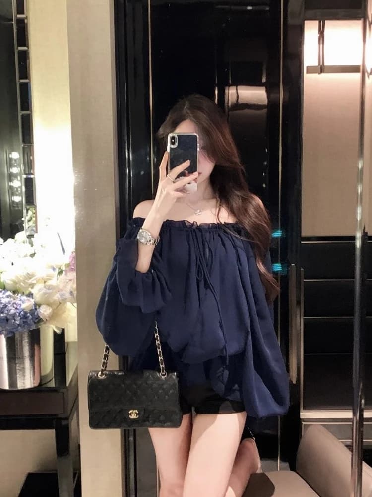 White One-Shoulder Long-Sleeve Chiffon Shirt Women's Summer High-End Pure Desire Unique Beautiful Top French Style Loose Fit - 2