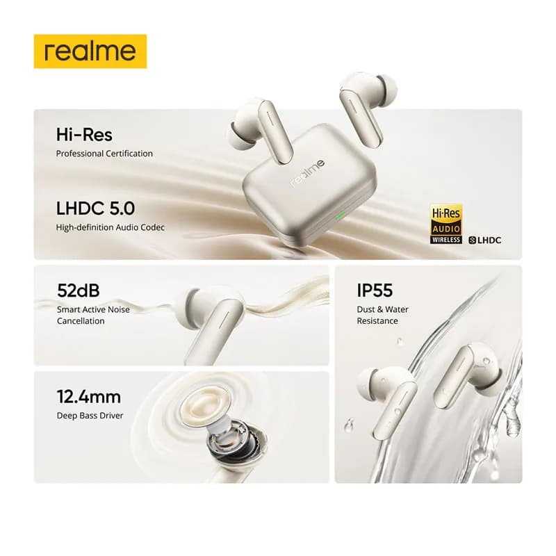 الإصدار العالمي realme Buds Air 7 سماعة أذن TWS عزل ضوضاء 52dB بطارية تدوم حتى 52 ساعة مشغل باس 12.4 مم LHDC 5.0 IP55 - 2