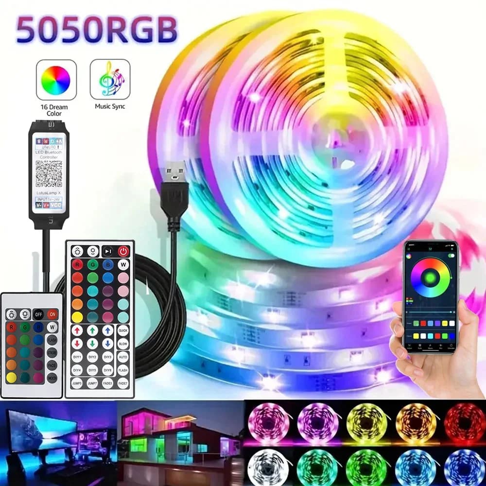 شريط إضاءة محيطي RGB USB 5V LED 5050 متزامن مع الموسيقى شريط مرن إضاءة ذكية للمنزل تحكم عن بعد عبر تطبيق للغرفة والتلفزيون ديكور DIY
