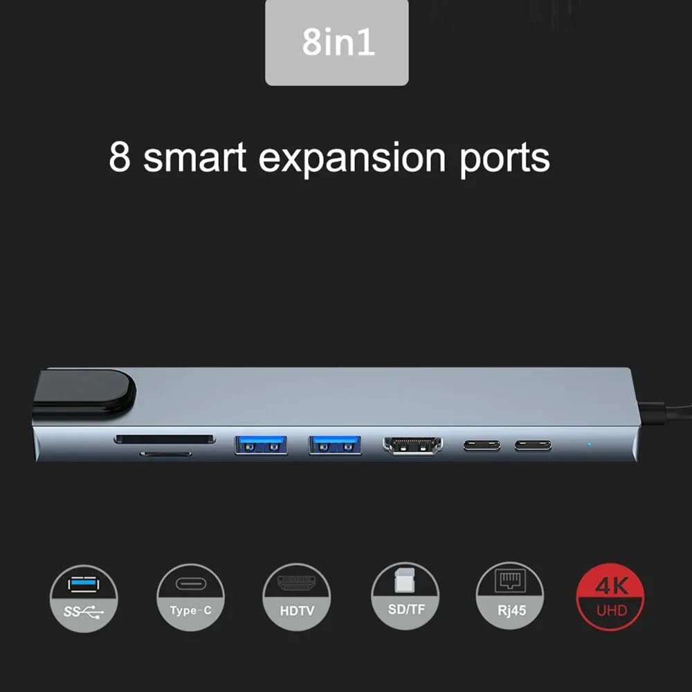 محطة توصيل USB 3.0 Type C HUB إلى HDMI 4K 30HZ، محول إيثرنت Type C إلى RJ45 100Mbps، موسع VGA، شاحن PD 100W - 6