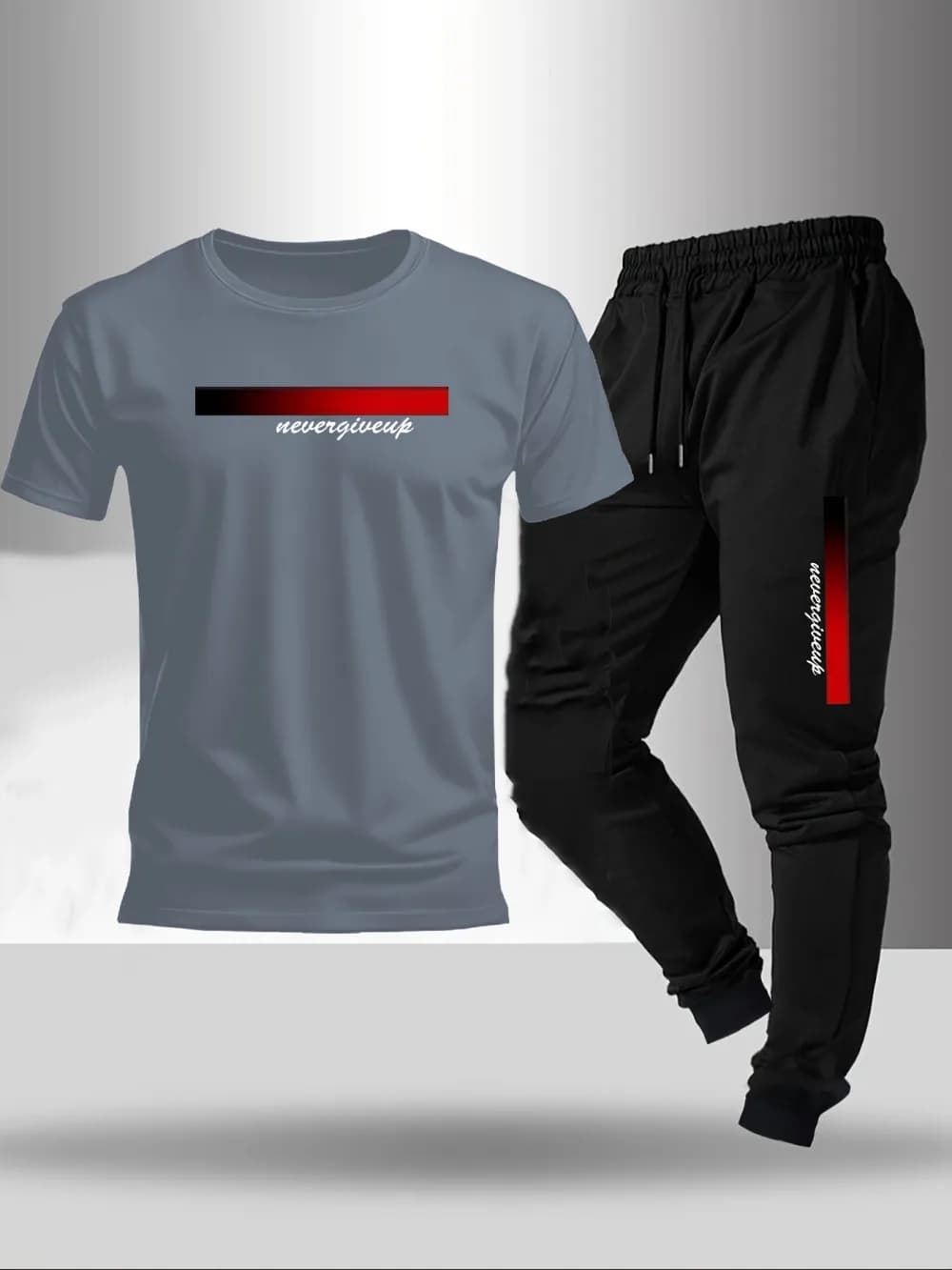 New men's fashionable letter gradient printed breathable T-shirt and drawstring pants set suitable for outdoor casual wear - 3