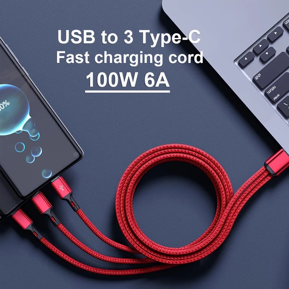 كابل بيانات شحن سريع 3-في-1، USB-A إلى 3×Type-C، 100 واط، 6A، لهواتف Samsung Galaxy S24 وS23 وXiaomi Redmi وHuawei، كابل شحن من النايلون بطول 1.2 متر - 2