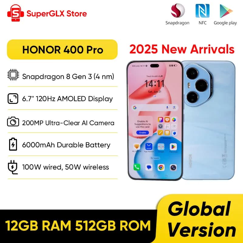 هاتف هونر 400 برو 5G إصدار عالمي، شاشة AMOLED 6.7 بوصة بمعدل تحديث 120 هرتز، معالج سنابدراجون 8 جين 3، بطارية 6000 مللي أمبير، كاميرا 200 ميجابكسل، شحن فائق 100 واط، NFC