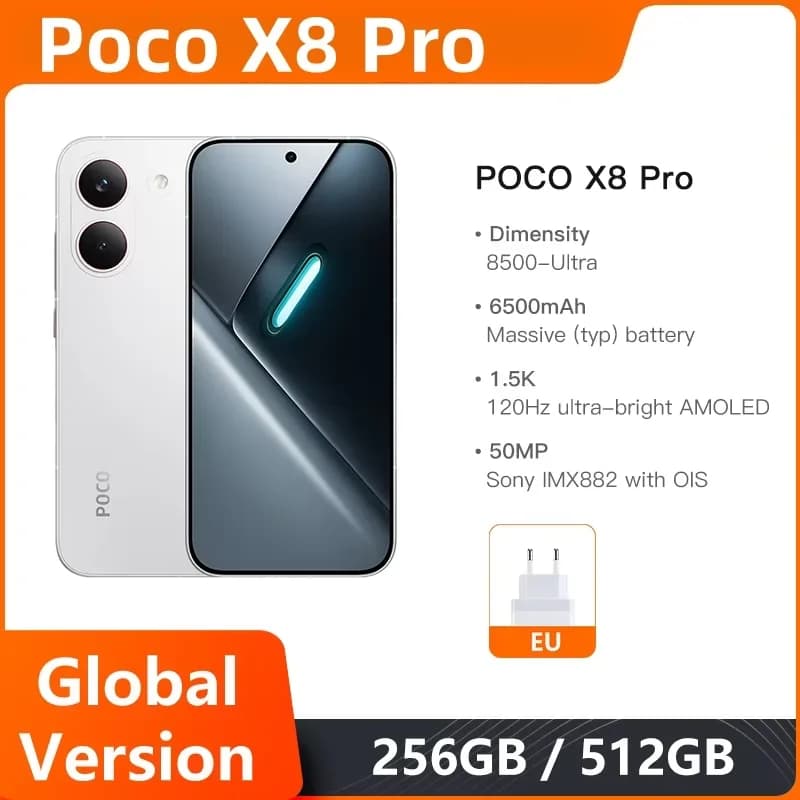 هاتف شاومي POCO X8 Pro نسخة عالمية بشاشة 6.59 بوصة 1.5K بمعدل تحديث 120Hz AMOLED وكاميرا 50 ميجابكسل ومعالج Dimensity 8500-Ultra وبطارية 6500 مللي أمبير