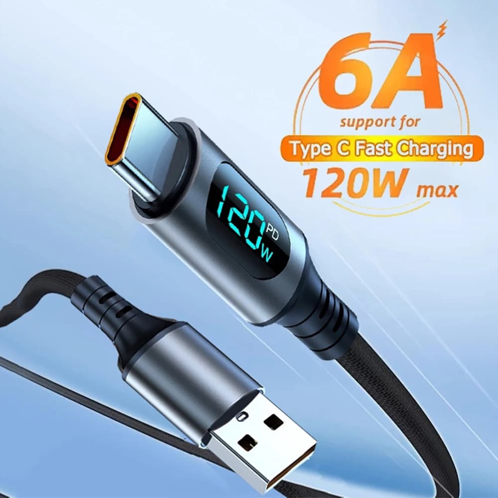 كابل شحن سريع تايب سي 120 واط مع شاشة عرض رقمية LED، كابل بيانات نايلون 6A لنقل البيانات متوافق مع شاومي وسامسونج وآيفون