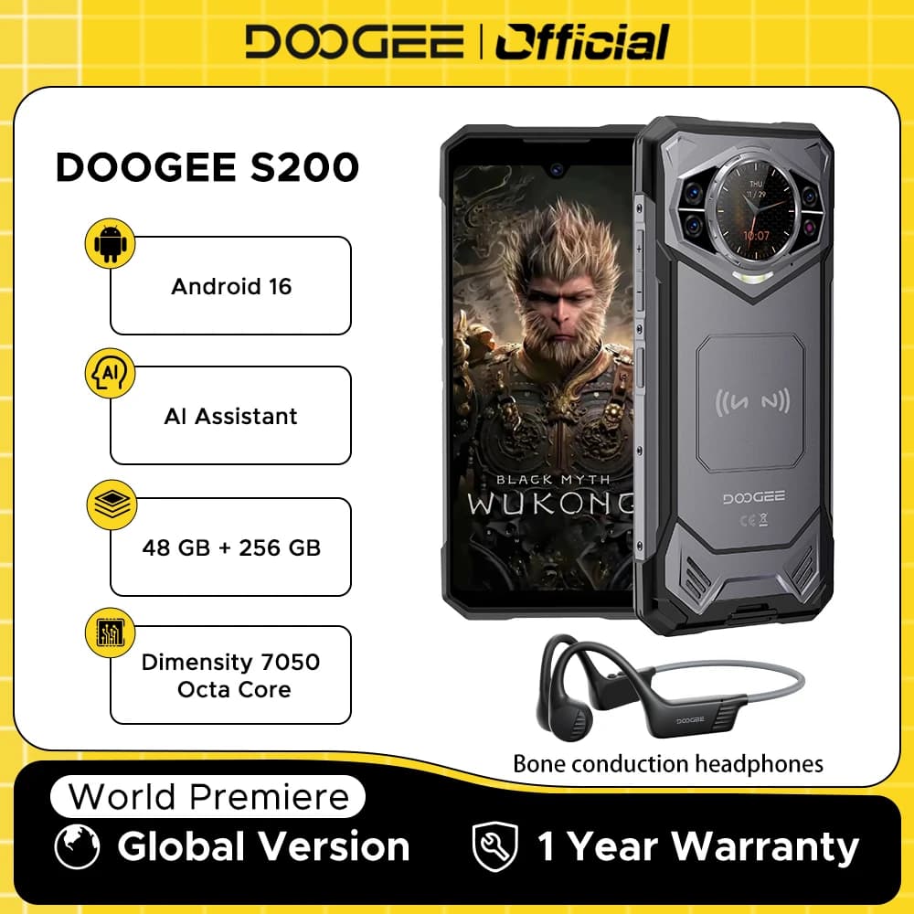 العرض الأول عالمياً DOOGEE S200 هاتف متين 5G بشاشة 6.72 بوصة بمعدل تحديث 120 هرتز وذاكرة وصول عشوائي 48 جيجابايت وذاكرة تخزين 256 جيجابايت وكاميرا رئيسية بدقة 100 ميجابكسل مع تقنية الذكاء الاصطناعي وبطارية سعة 10100 مللي أمبير في الساعة ونظام أندرويد 16 وتقنية NFC