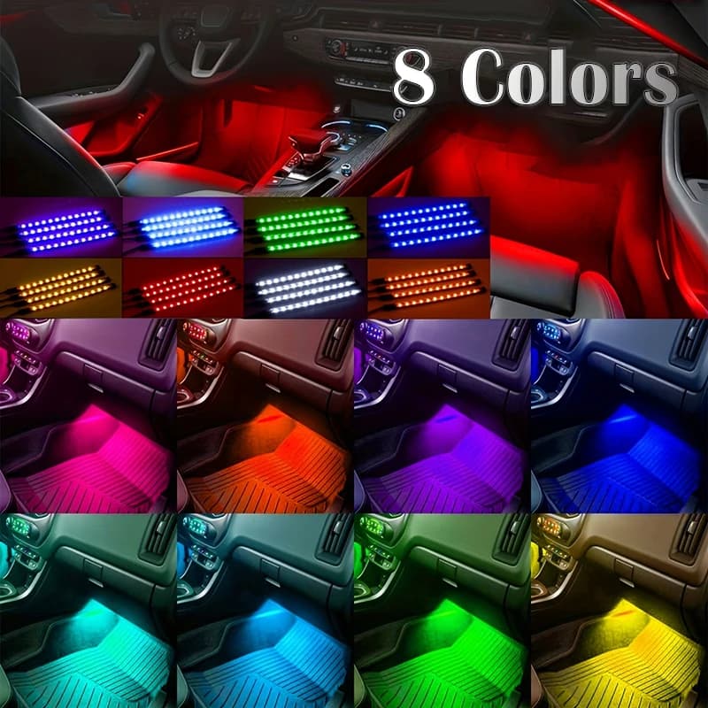 شريط إضاءة LED للسيارة مع 48 LED USB وتحكم عبر تطبيق بلوتوث مقاوم للماء متعدد الألوان RGB لإضاءة جو داخلي للسيارة - 5