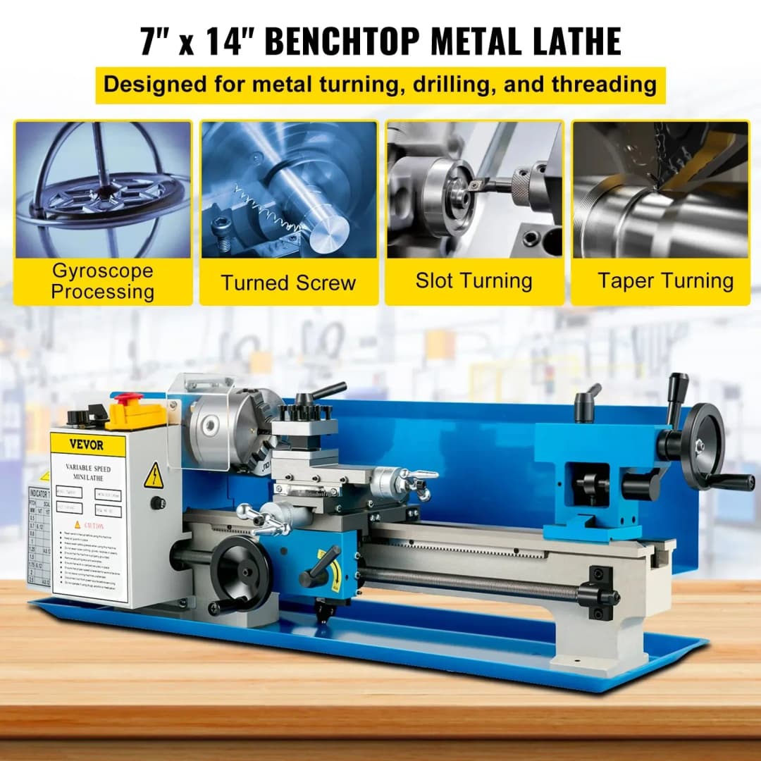 VEVOR Mini Metal Lathe 7"x12" Metalworking Woodworking Gears Motorized Milling 2250RPM - 2