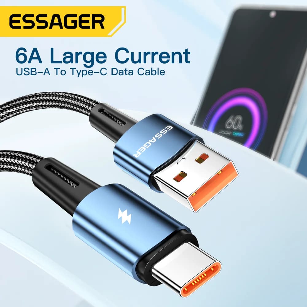 كابل إيساجر بطول 2 متر بقوة 120 واط من نوع USB A إلى Type C للشحن السريع 6A لهواتف شاومي 12 برو ريدمي K50 نوت 11 برو ولهاتف آيفون 16 برو ماكس 15 - 2