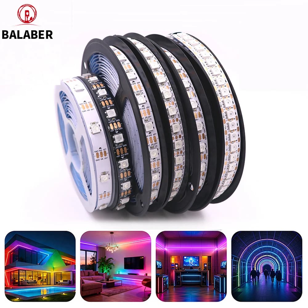 شريط ليد WS2812B 5V 30/60/74/96/144 ليد ذكي شريط بكسل RGB لوحة دوائر سوداء/بيضاء IP30/65/67 WS2811 IC إضاءة ليد 1م/2م/3م/4م/5م
