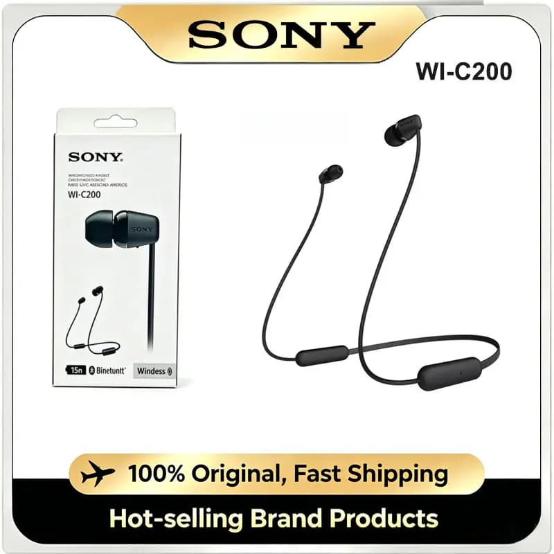 سماعات رقبة بلوتوث أصلية Sony WI-C200، بطارية 15 ساعة، صوت ستيريو مع باس قوي، مناسبة للرياضة