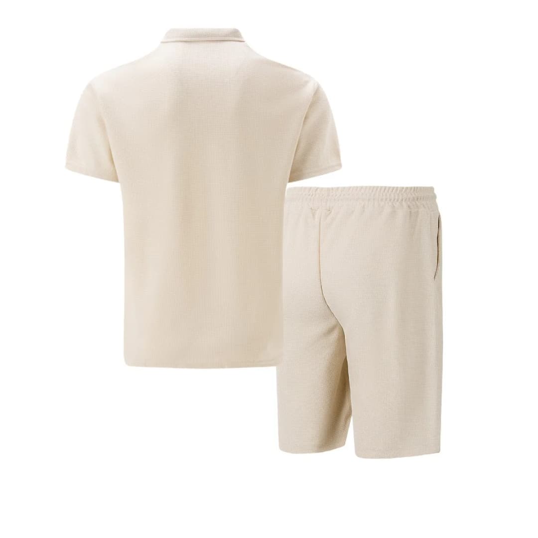 2026 Men Europe and the United States new summer Waffle solid color zip-up lapel short-sleeve suit shorts two sets - 3