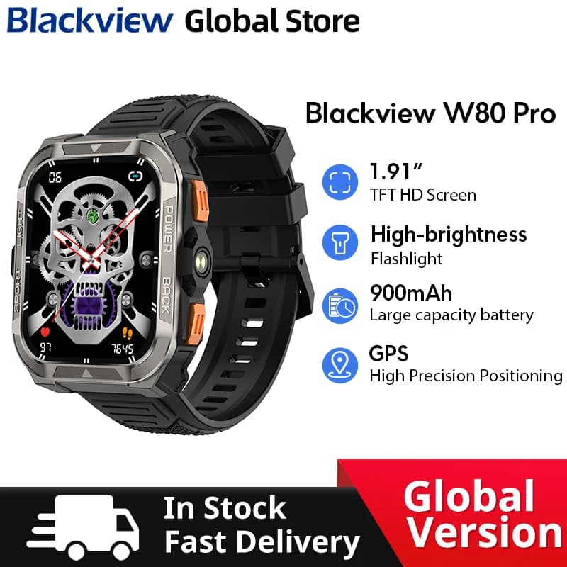 Blackview W80 PRO Smart Watch 1.91‘’ Display GPS Compass Outdoor Rugged watch 900mAh with LED Flashlight Bluetooth Calling