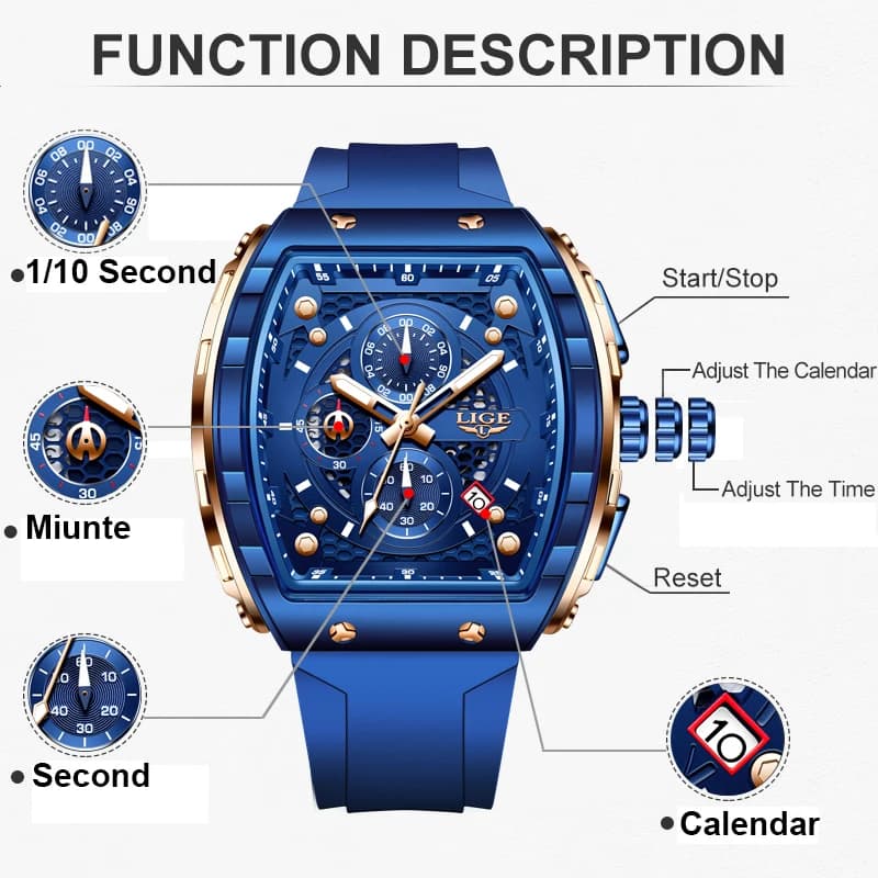LIGE Top Brand Luxury Blue Silicone Square Chronograph Wrist Watch For Men Outdoor Sports waterproof Luminous Quartz Men Watch - 3