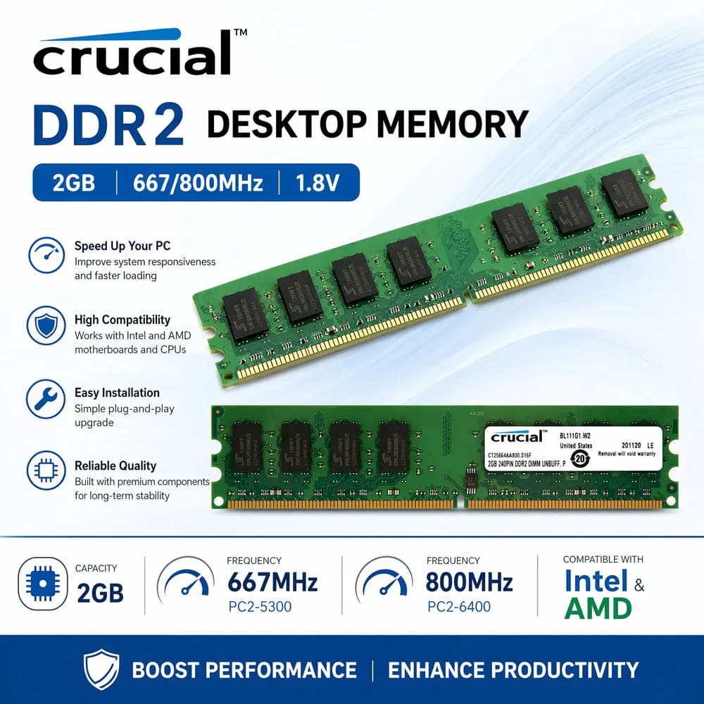 ذاكرة رام كروشيال لاجهزة الكمبيوتر المكتبية DDR2، سعات 2 و 4 جيجابايت، ترددات 667 و 800 ميجاهرتز، نوع UDIMM، توافق PC2-5300 و PC2-6400، جهد 1.8 فولت، غير ECC، غير مخزن مؤقت
